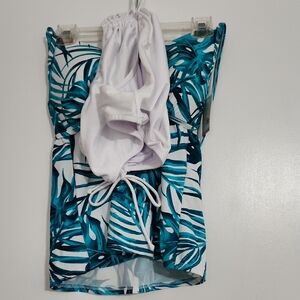 SO Blue and White One Piece Swimwear with Tropical Leaf Design